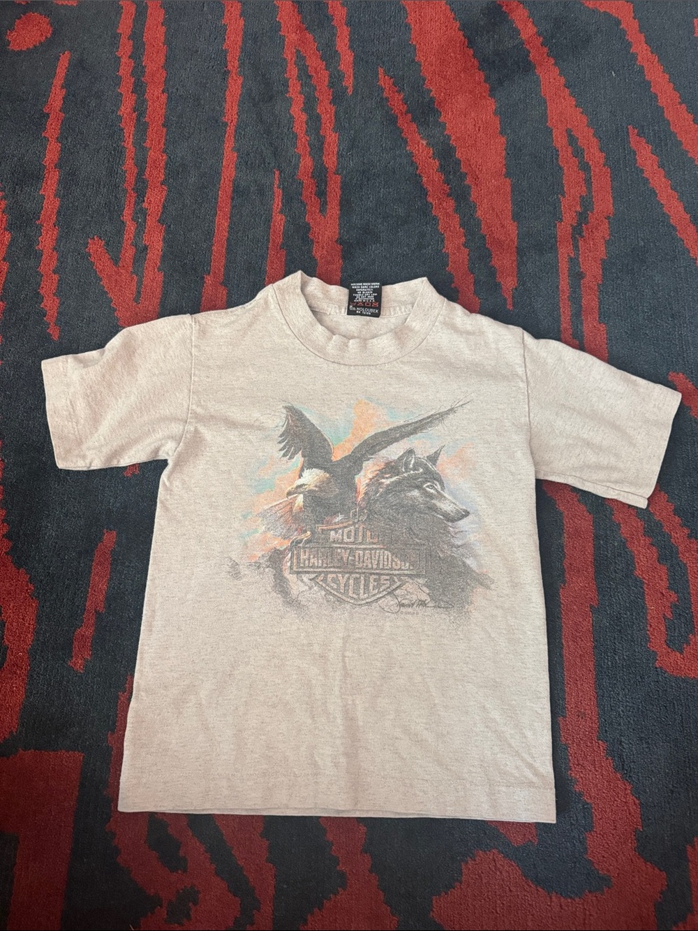 Youth Harley-Davidson Cream Short Sleeve Tee with Eagle & Wolf Graphic 1995